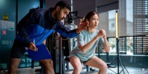 At home personal trainer Jersey City helping client with home workout training session