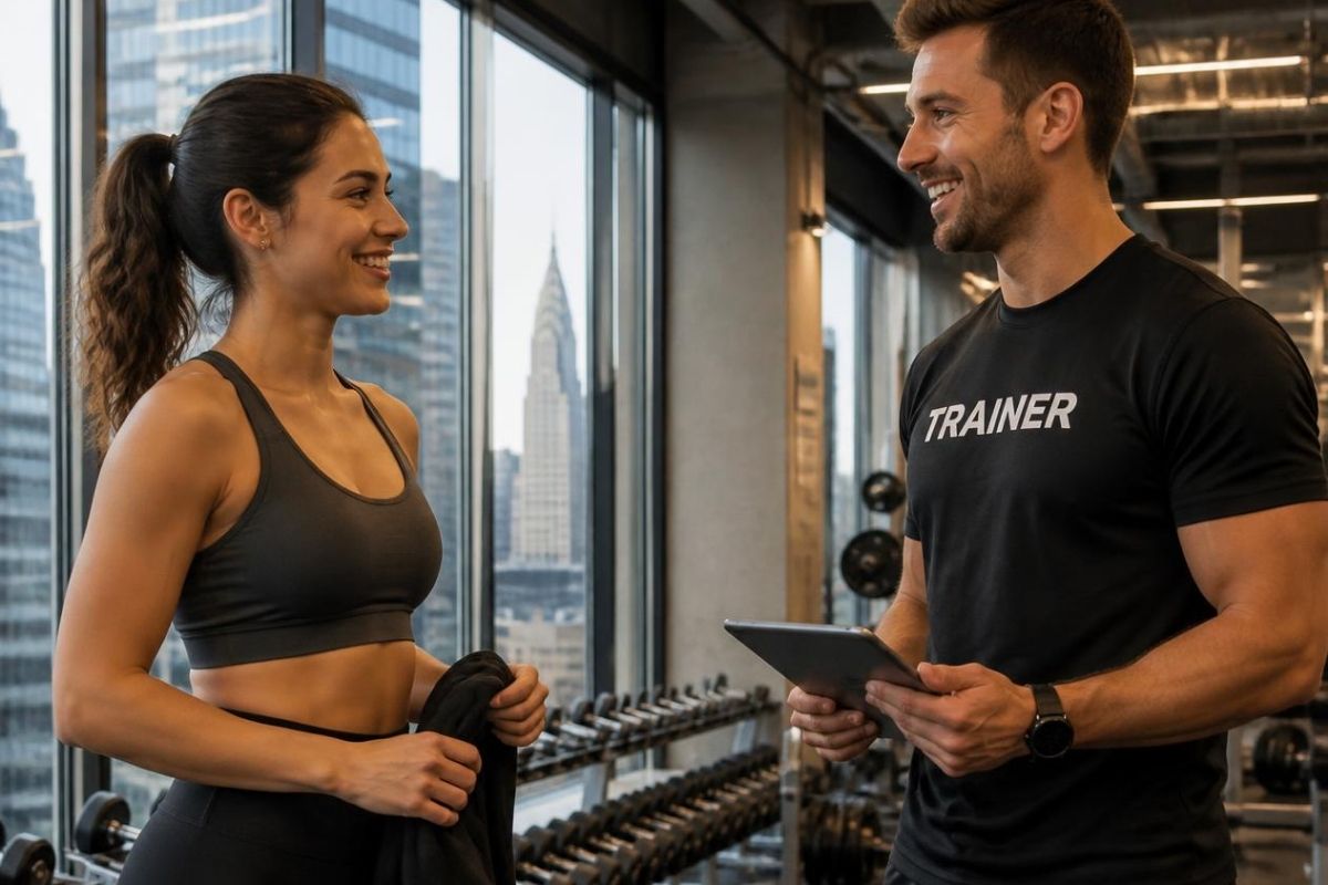 Personal trainer at Fit4Blast guiding a client through functional strength exercises in Jersey City, NJ for improved health and fitness.