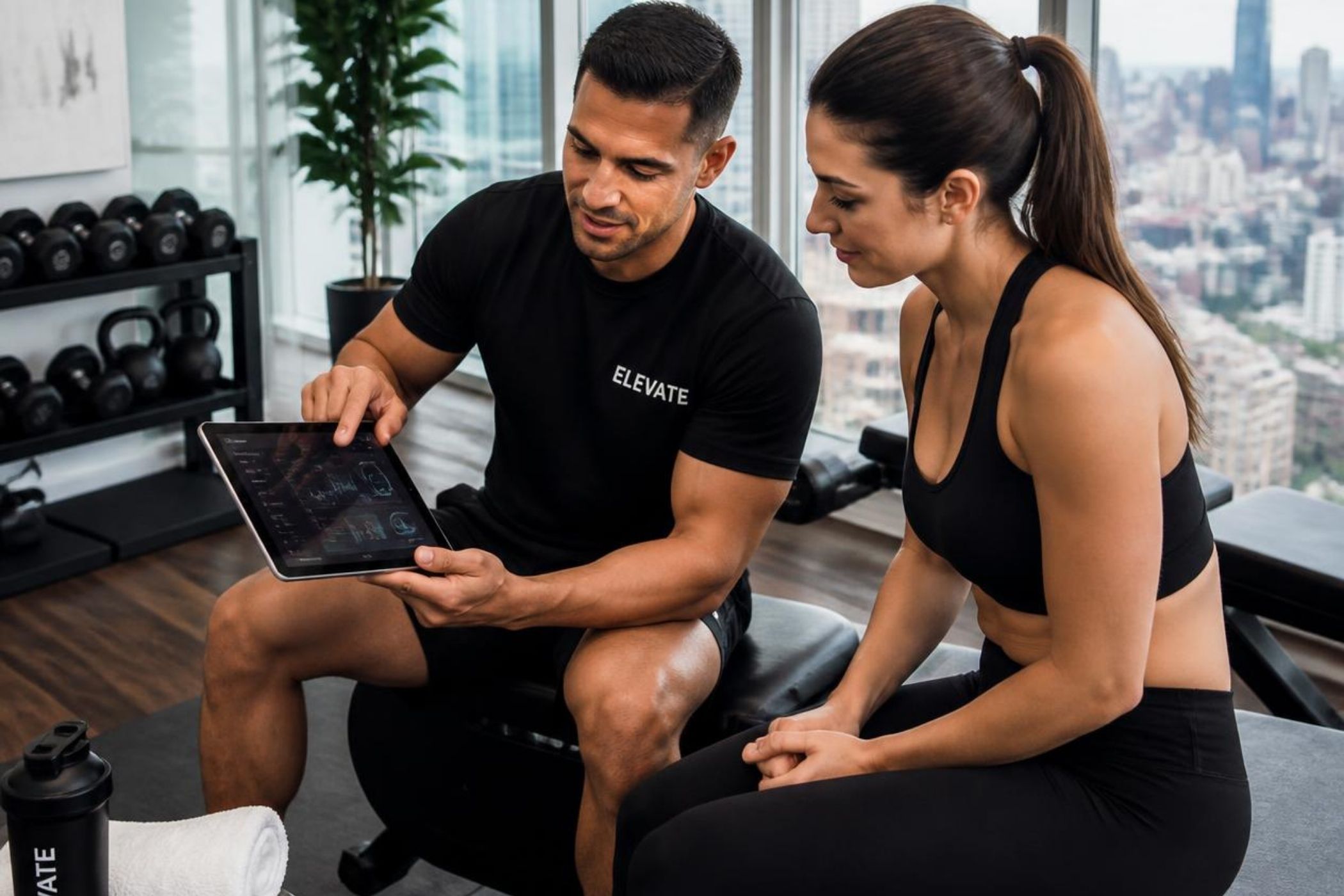 Fit4Blast Home Personal Trainer NYC discussing personalized fitness goals with a client after training.