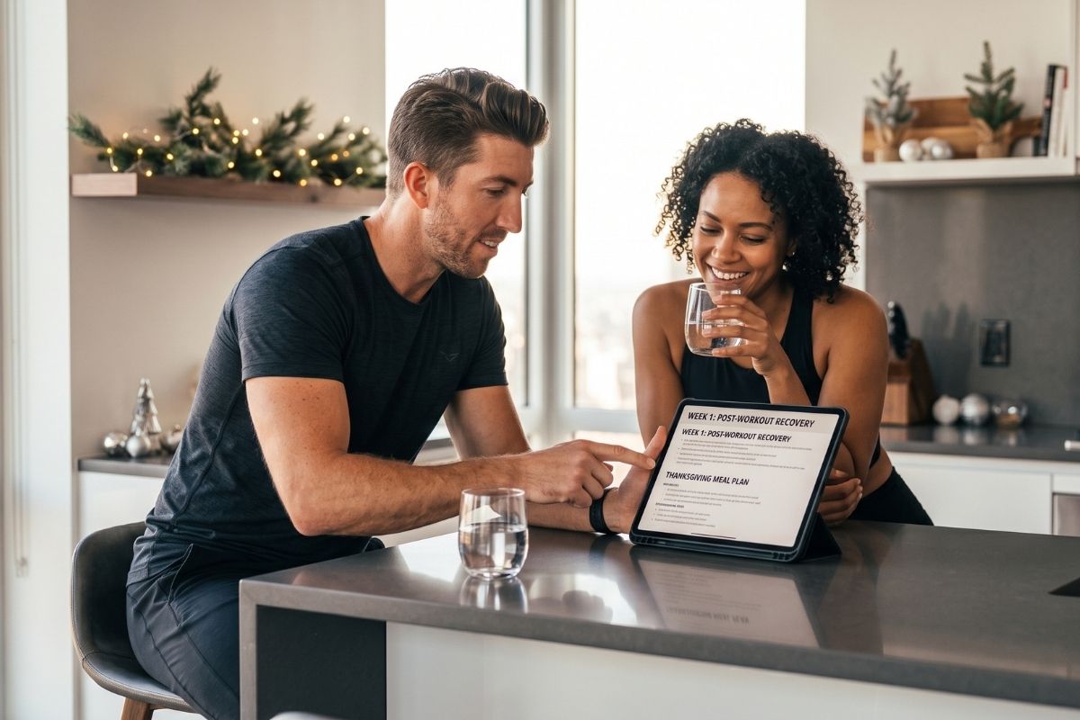 Professional Fit4Blast fitness coach helping a client maintain strength and healthy exercise habits with personal trainer services in NYC during the holidays.