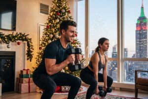Client completing a holiday strength workout with professional personal trainer services in NYC to stay active and consistent during the festive season.