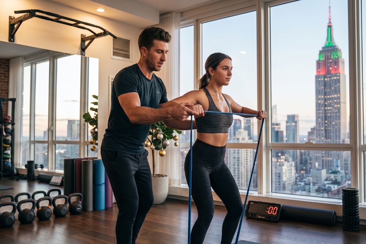Fit4Blast personal trainer guiding a client through a personalized holiday strength training session in Manhattan, New York City.
