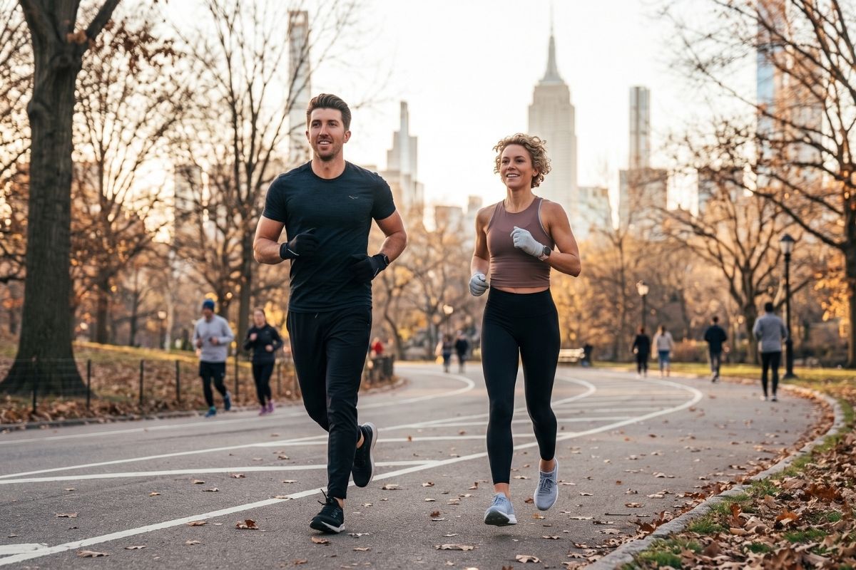 Busy professional maintaining a holiday fitness routine with a Fit4Blast personal trainer during a customized workout in New York City.
